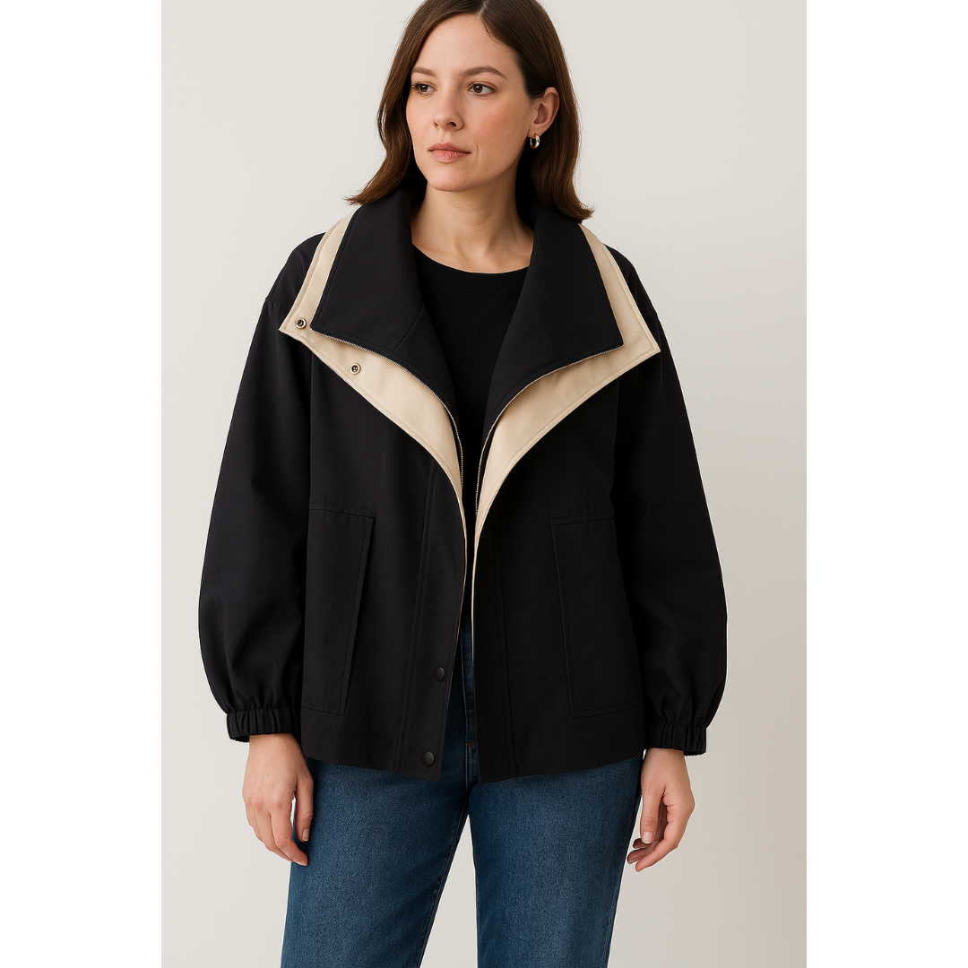 Two-Tone Hooded Cinch Waist Utility Jacket