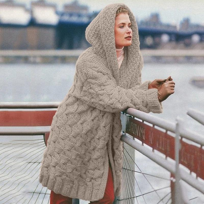 Chunky Cable Knit Hooded Long Cardigan