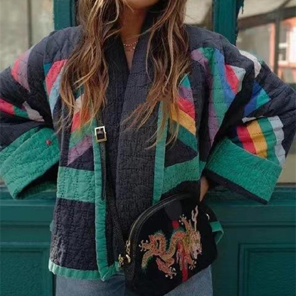 Quilted Open Front Geometric Jacket with Contrast Trim