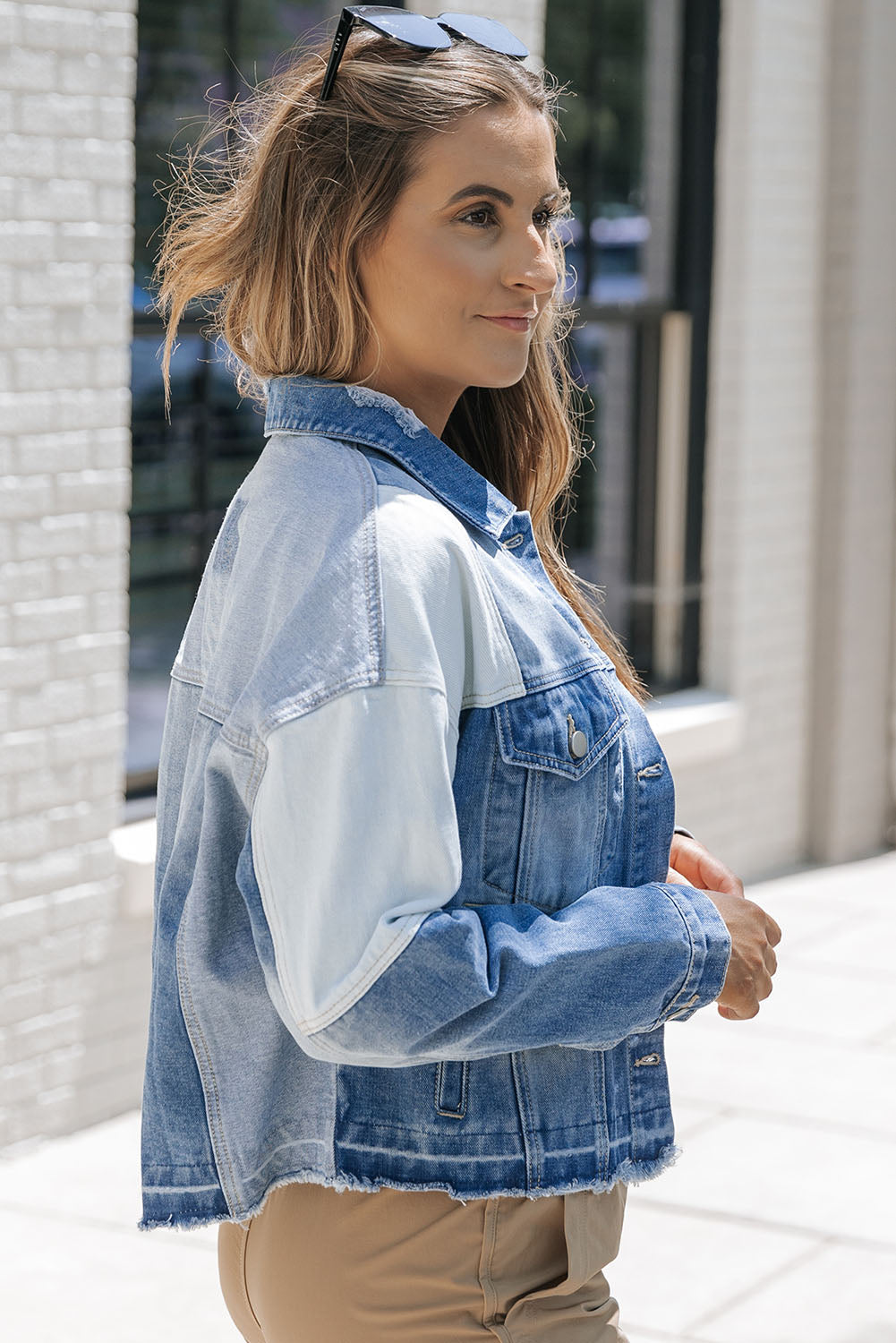 Women’s Two-Tone Denim Jacket – Stylish Colorblock Casual Jean Outerwear