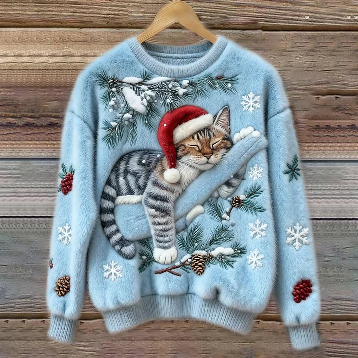 Festive Christmas Cat Knit Sweater with Santa Hat