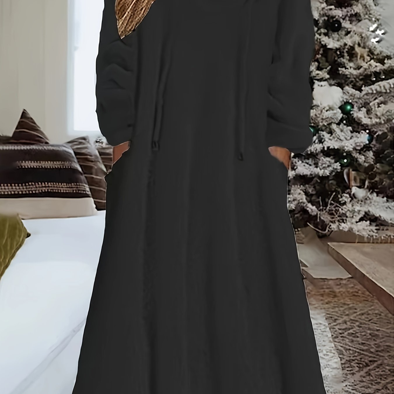 Long Sleeve Hooded Fleece Maxi Dress for Cozy Comfort