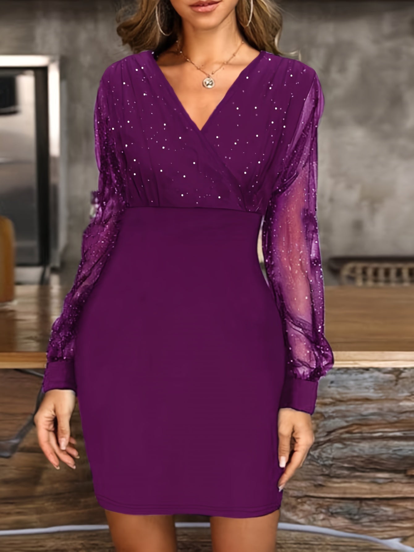 V Neck Mesh Long Sleeve Bodycon Mini Dress for Elegant Events