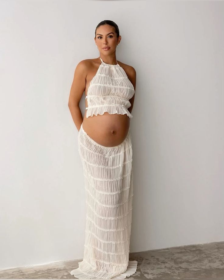 Sheer Fringe Crochet Halter Top and Maxi Skirt Set