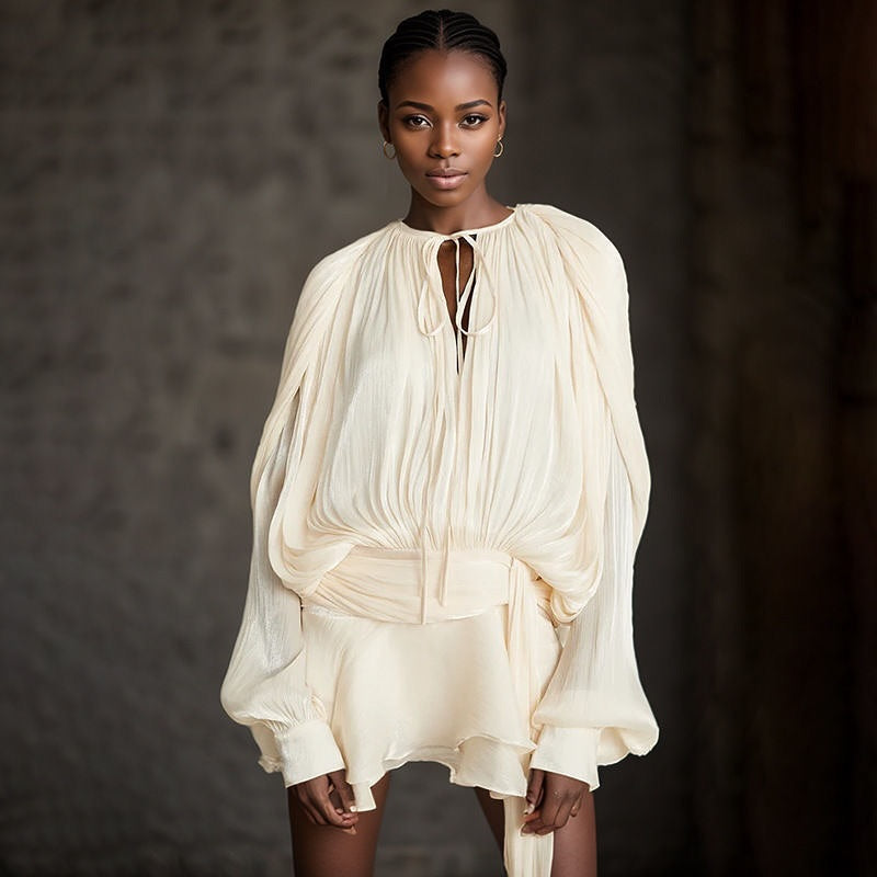 Long Sleeve Pleated Satin Mini Dress