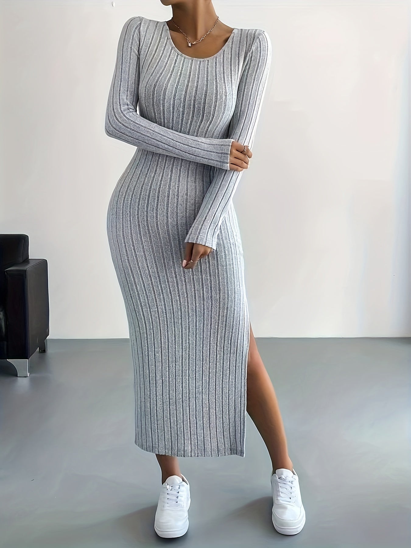 Long Sleeve Ribbed Knit Maxi Dress for Effortless Comfort