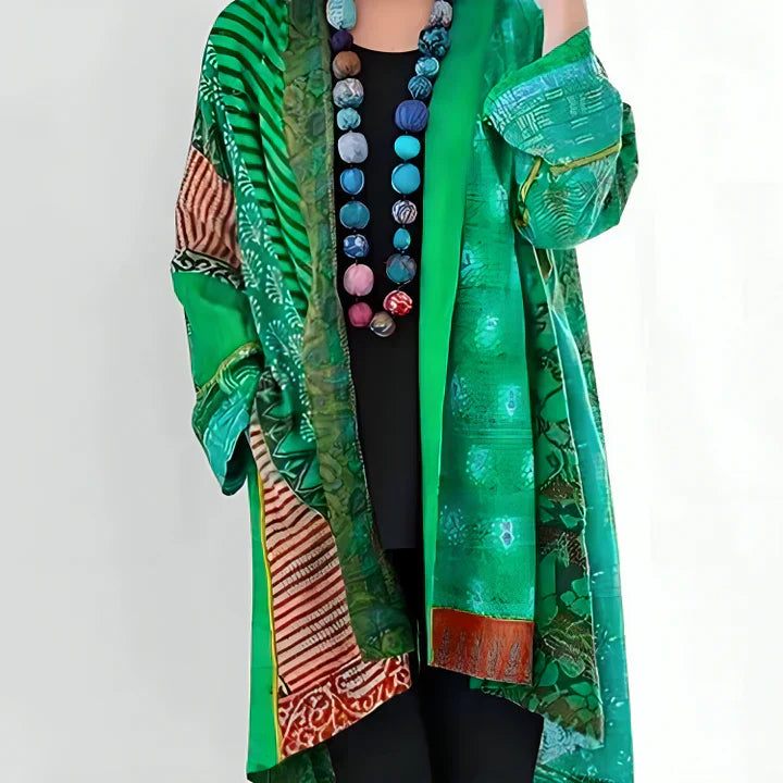 Artistic Patchwork Open-Front Kimono Cardigan in Teal & Green