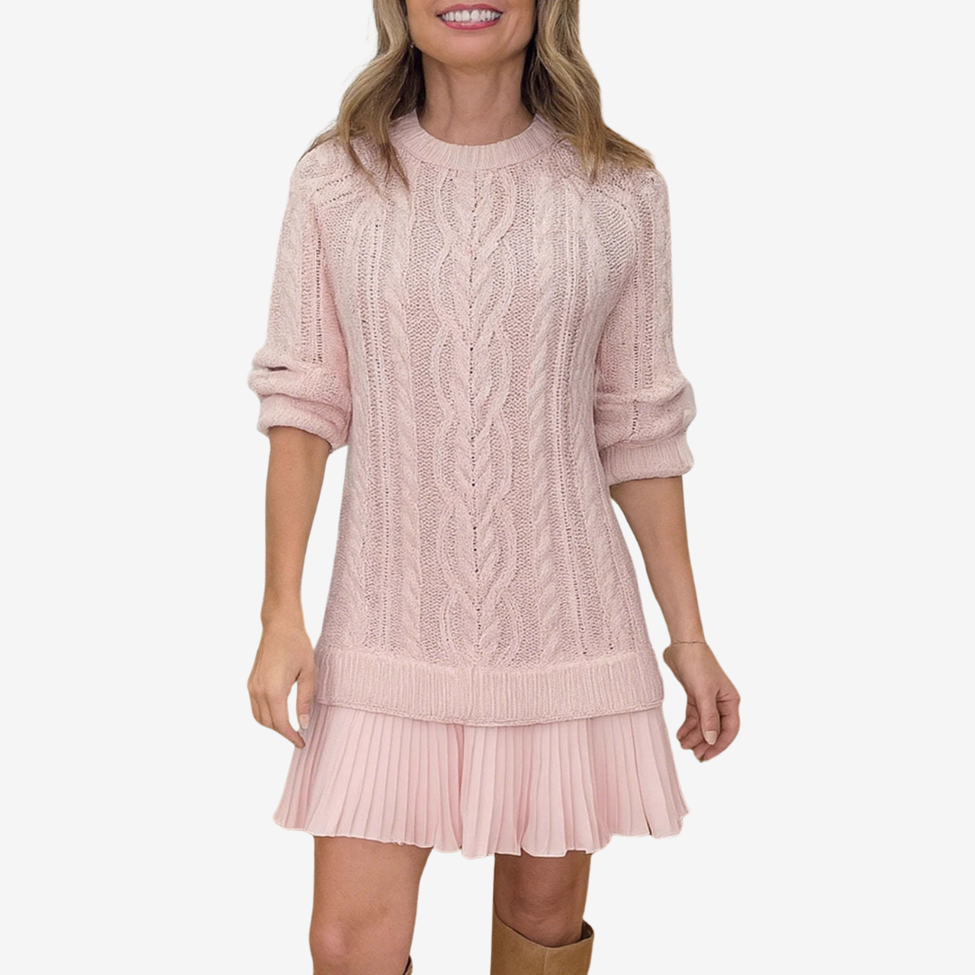 Cable Knit Sweater Dress with Layered Hem