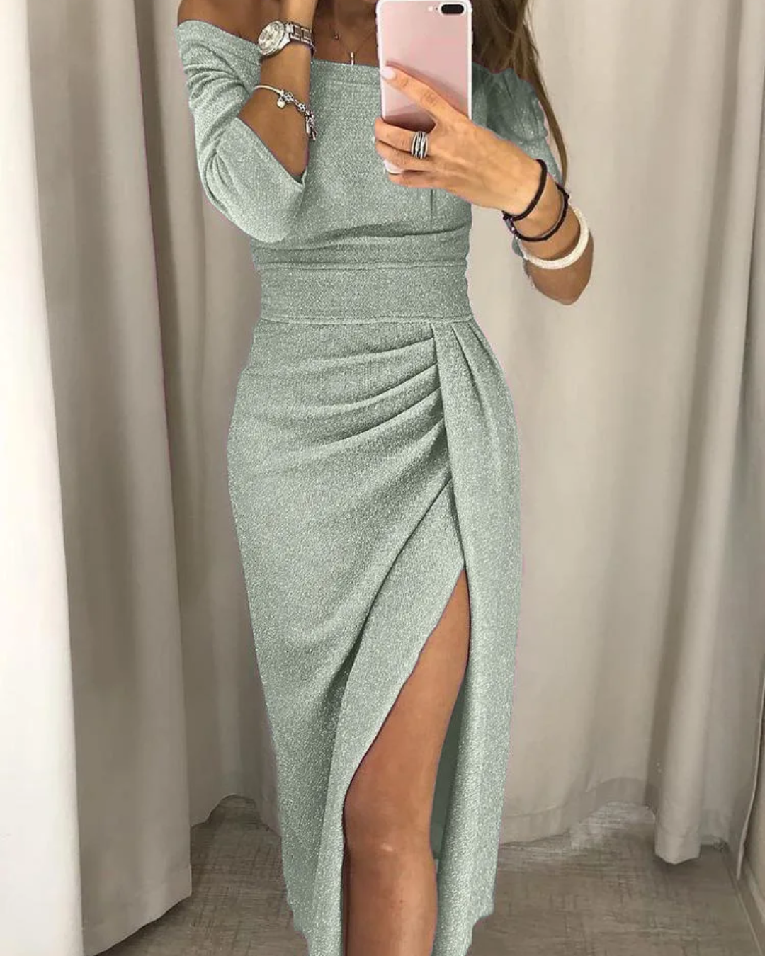 Elegant One-Shoulder Glitter Maxi Dress with High Slit