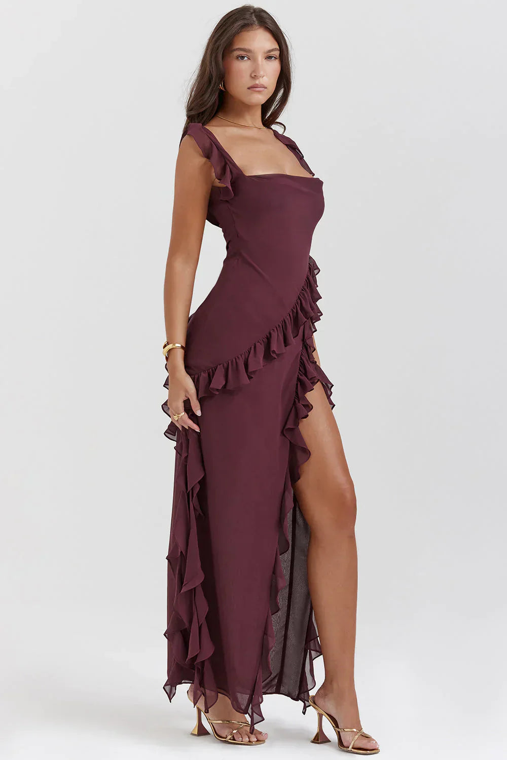 One-Shoulder Ruffled Maxi Dress with High Slit