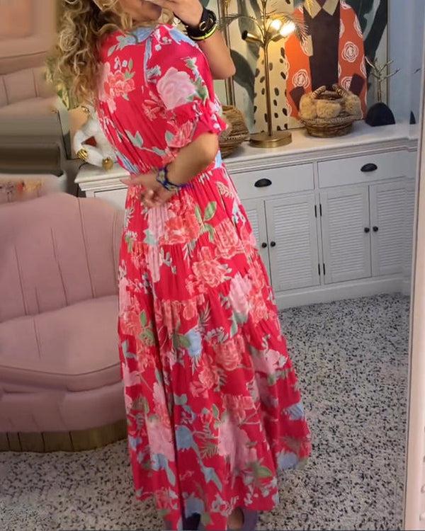 Floral V-Neck Short-Sleeve Boho Maxi Dress for Women