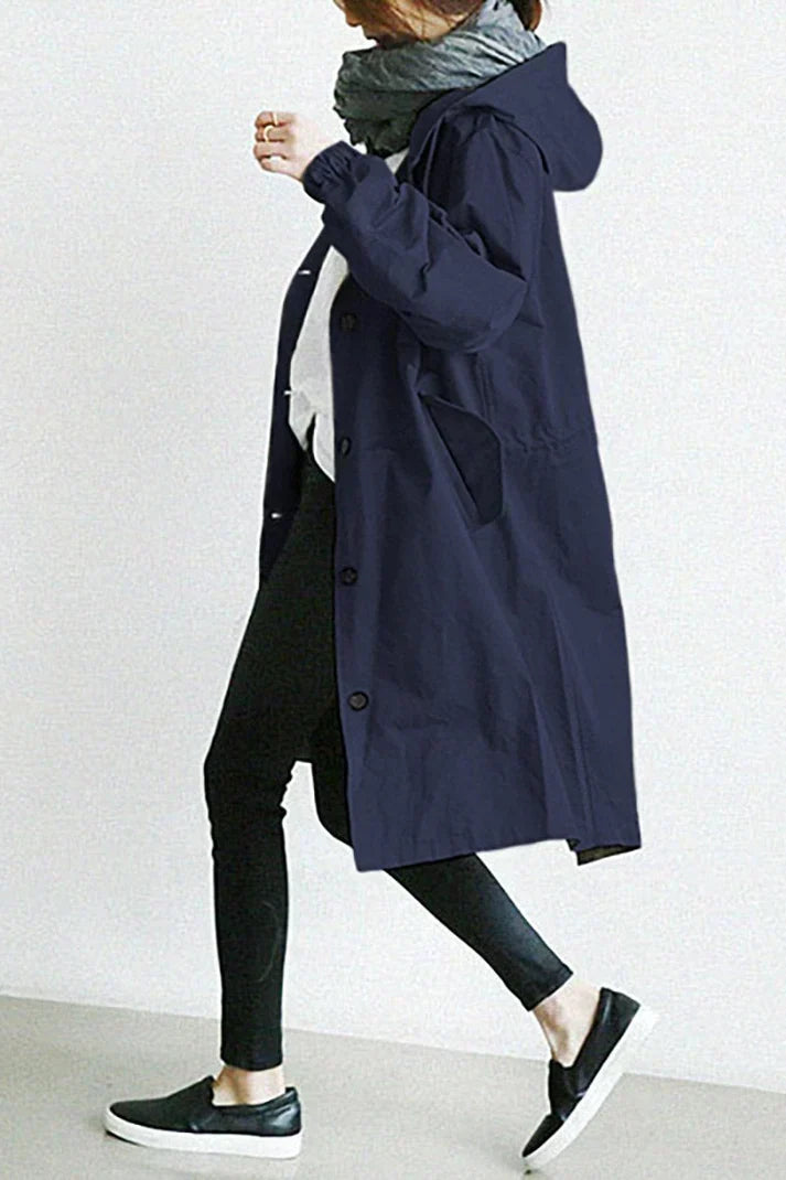 Women’s Long Hooded Button Coat – Lightweight Casual Oversized Jacket