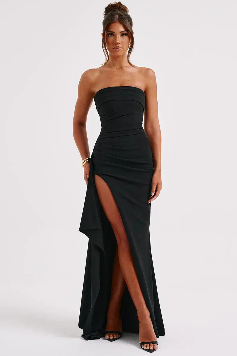 Strapless Ruched Evening Maxi Dress with High Slit