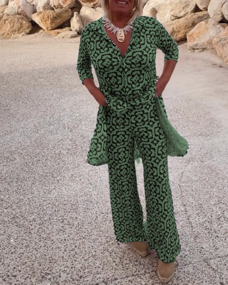 Printed Two-Piece Long Tunic Top and Wide-Leg Pants Set