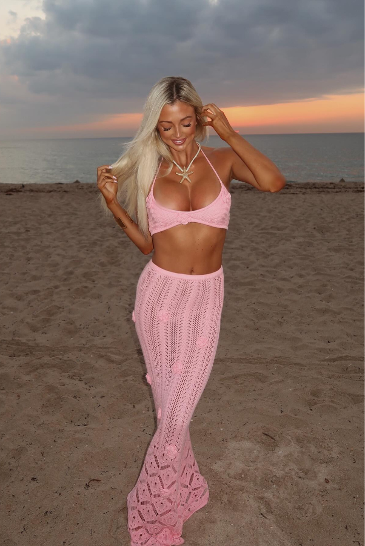 Pink Crochet Two-Piece Beach Set for Women