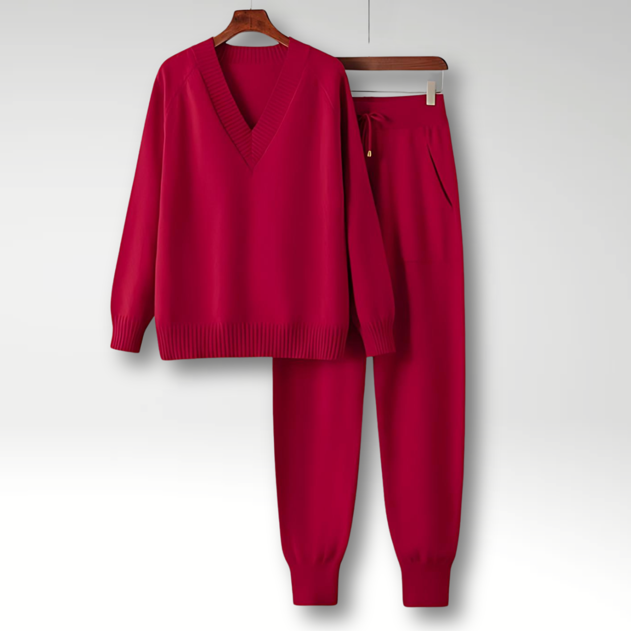 V Neck Knit Lounge Set with Relaxed Fit Pants