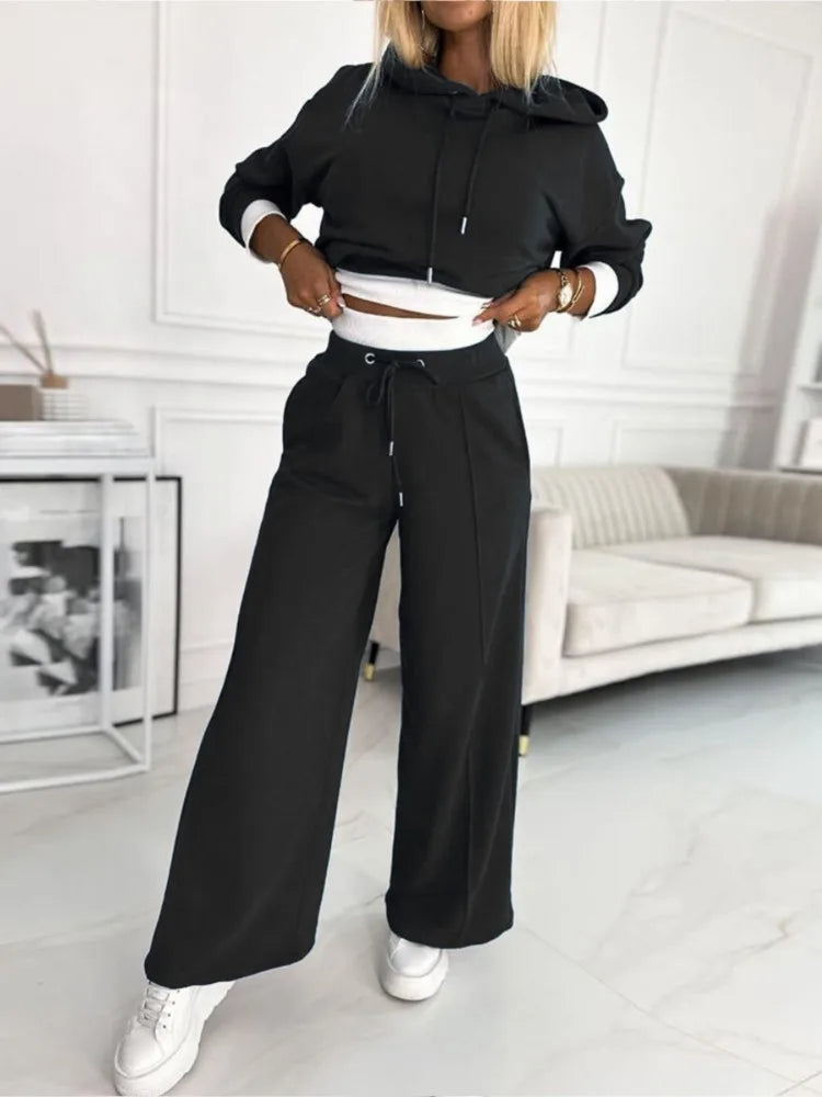 Cozy Two-Piece Lounge Set with Hoodie and Wide-Leg Pants