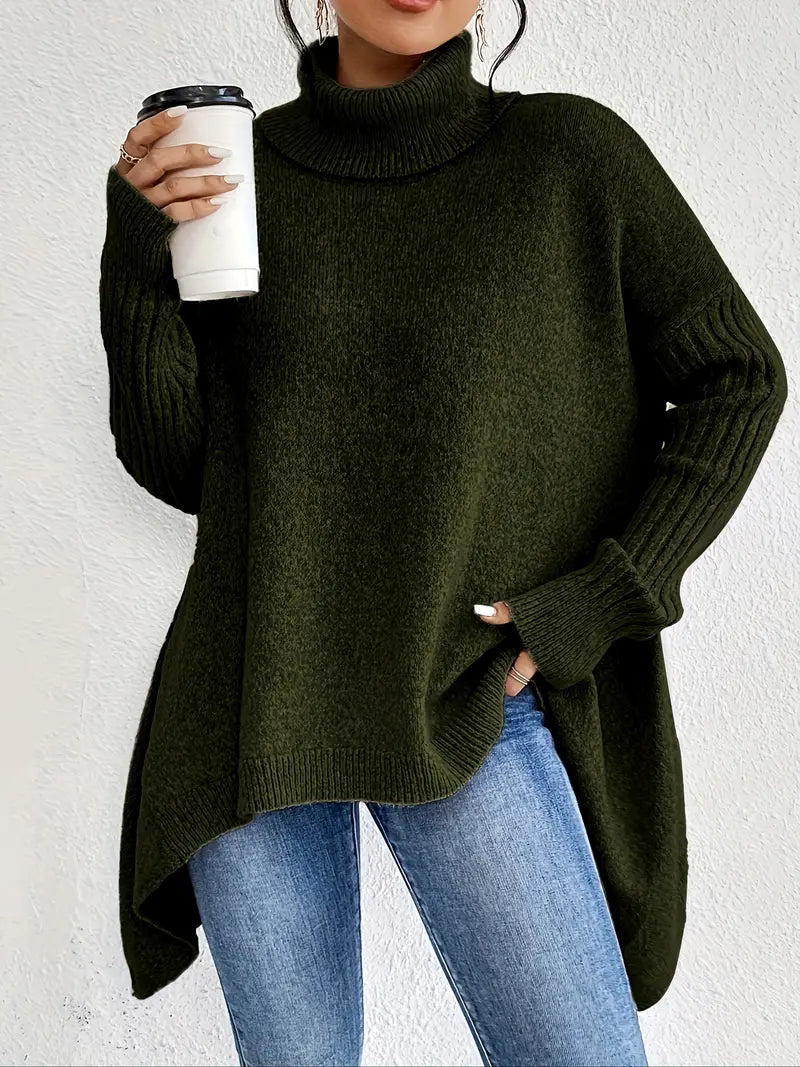 Relaxed Turtleneck Knit Sweater with Side Slit Detail