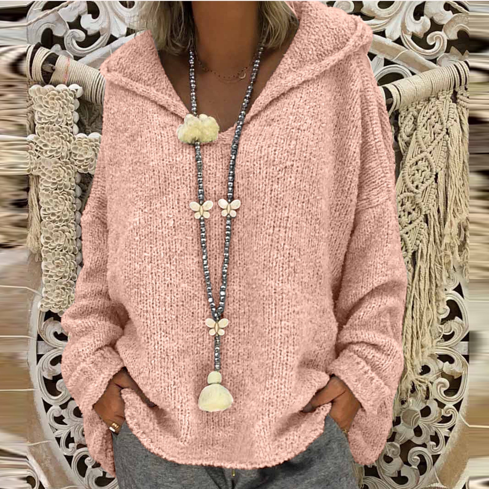 Cozy Knit Long-Sleeve Hooded Pullover Sweater