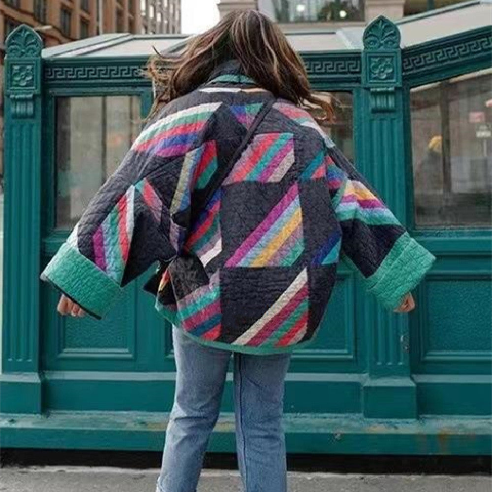 Quilted Open Front Geometric Jacket with Contrast Trim