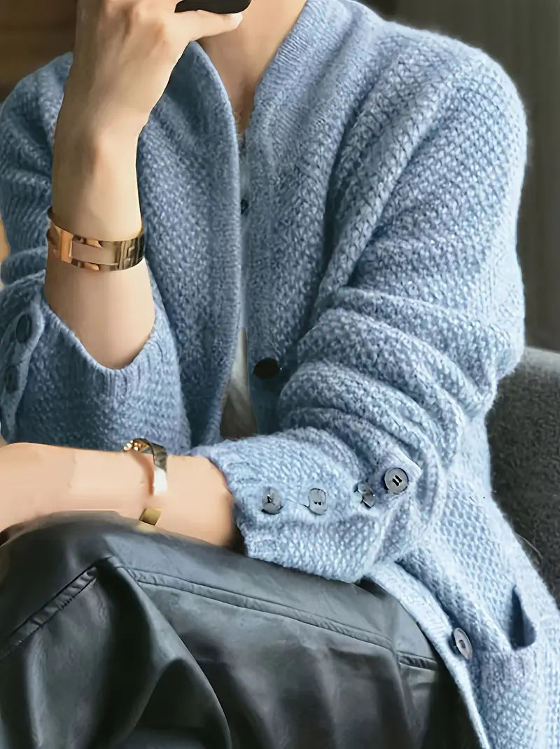 Textured Knit Button-Front Cardigan with Cuffed Sleeves