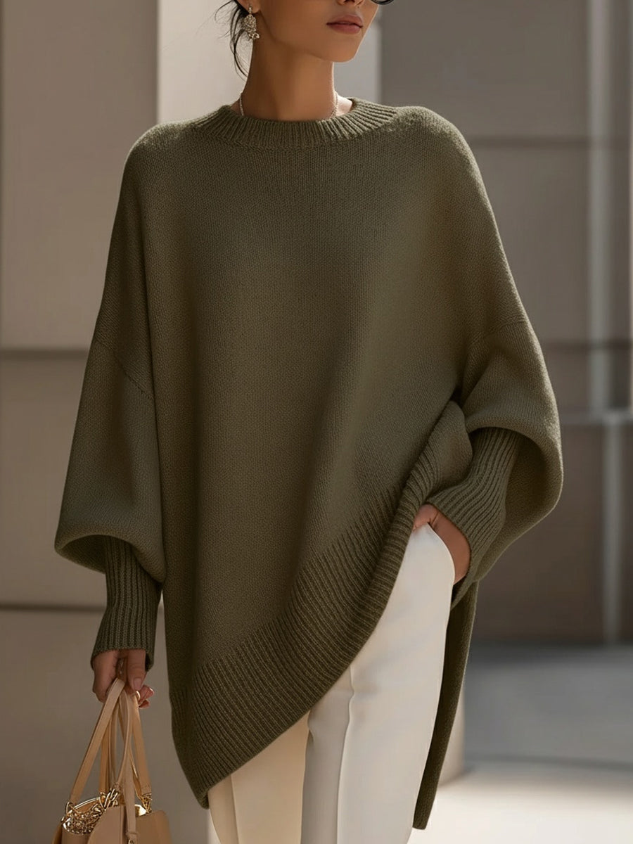 Relaxed Knit Poncho Sweater with Ribbed Cuffs