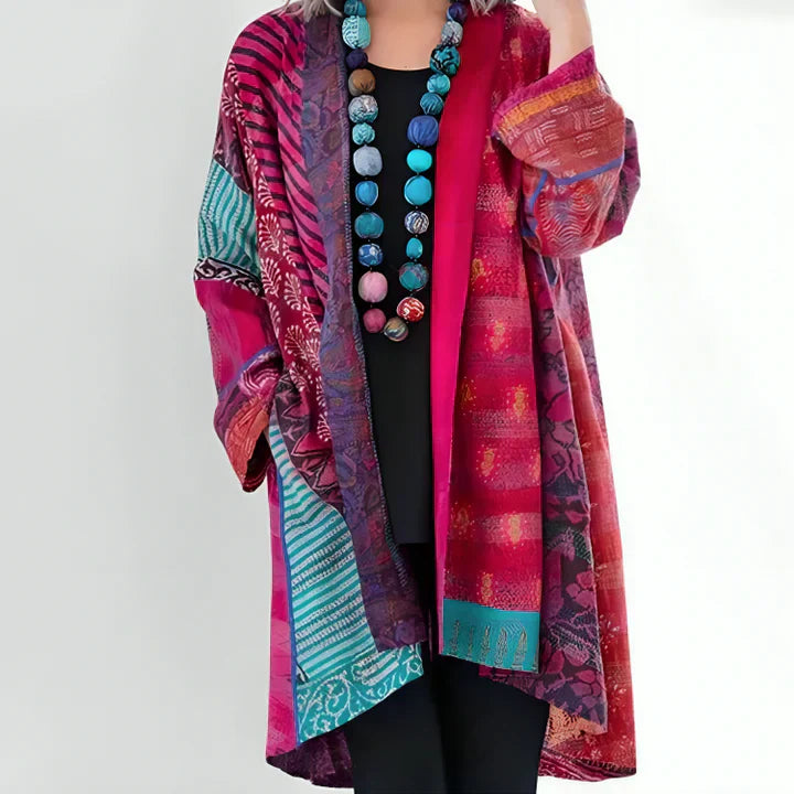 Artistic Patchwork Open-Front Kimono Cardigan in Teal & Green