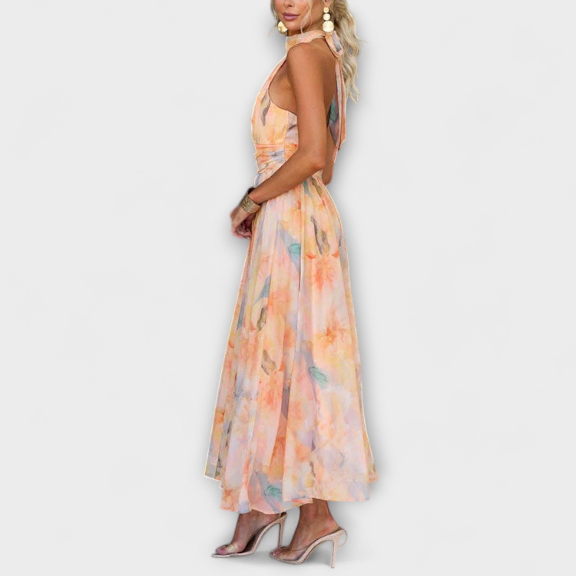 Halter Floral Midi Dress with Open Back and Flowy Skirt