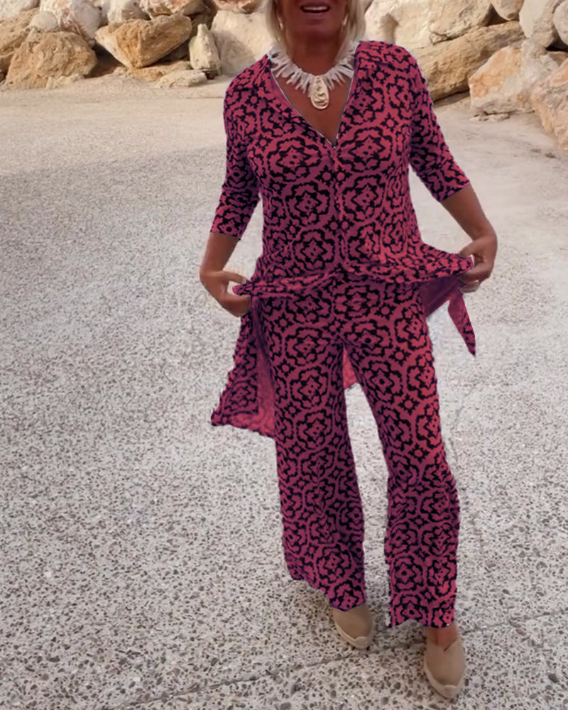Printed Two-Piece Long Tunic Top and Wide-Leg Pants Set