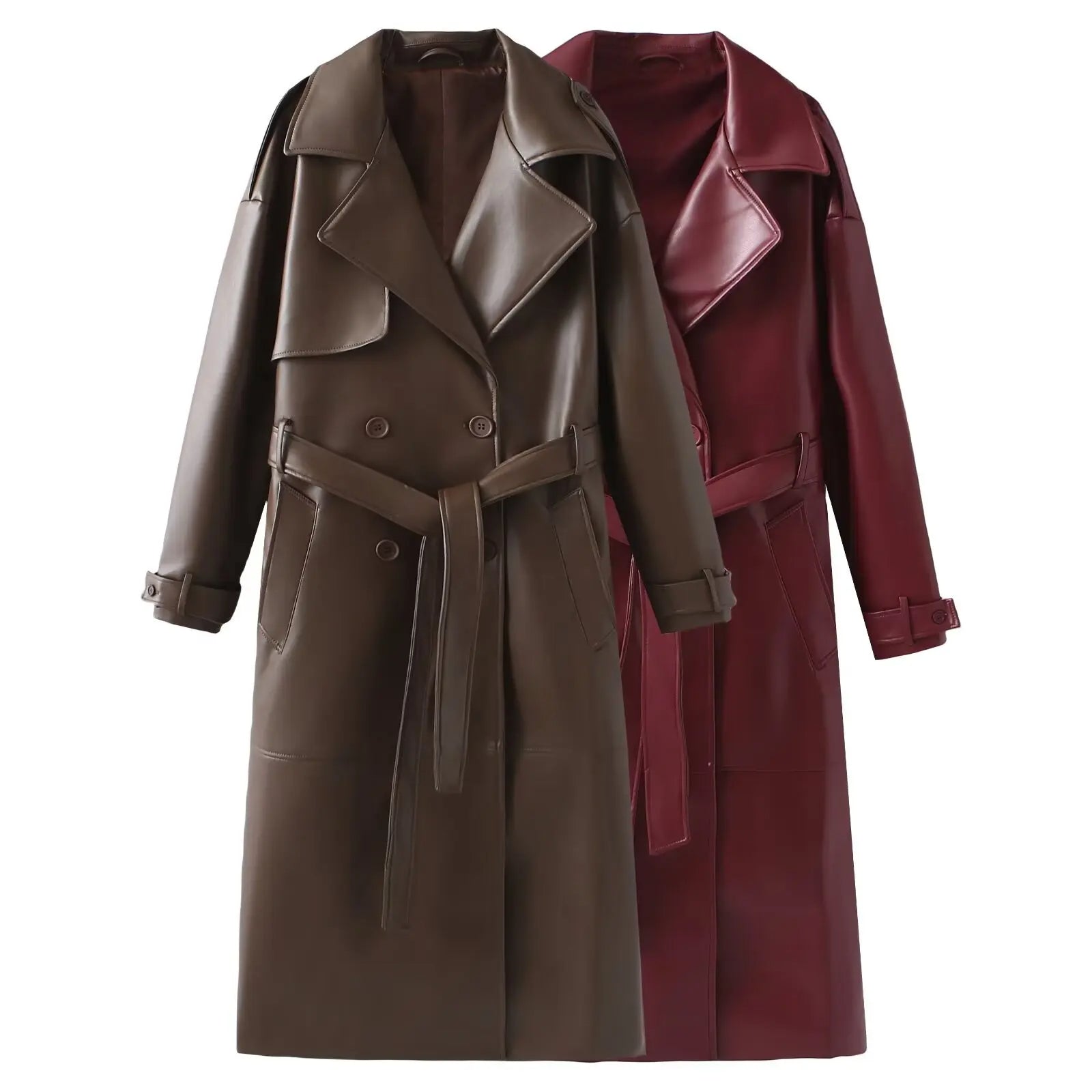 Long Faux Leather Trench Coat for Women