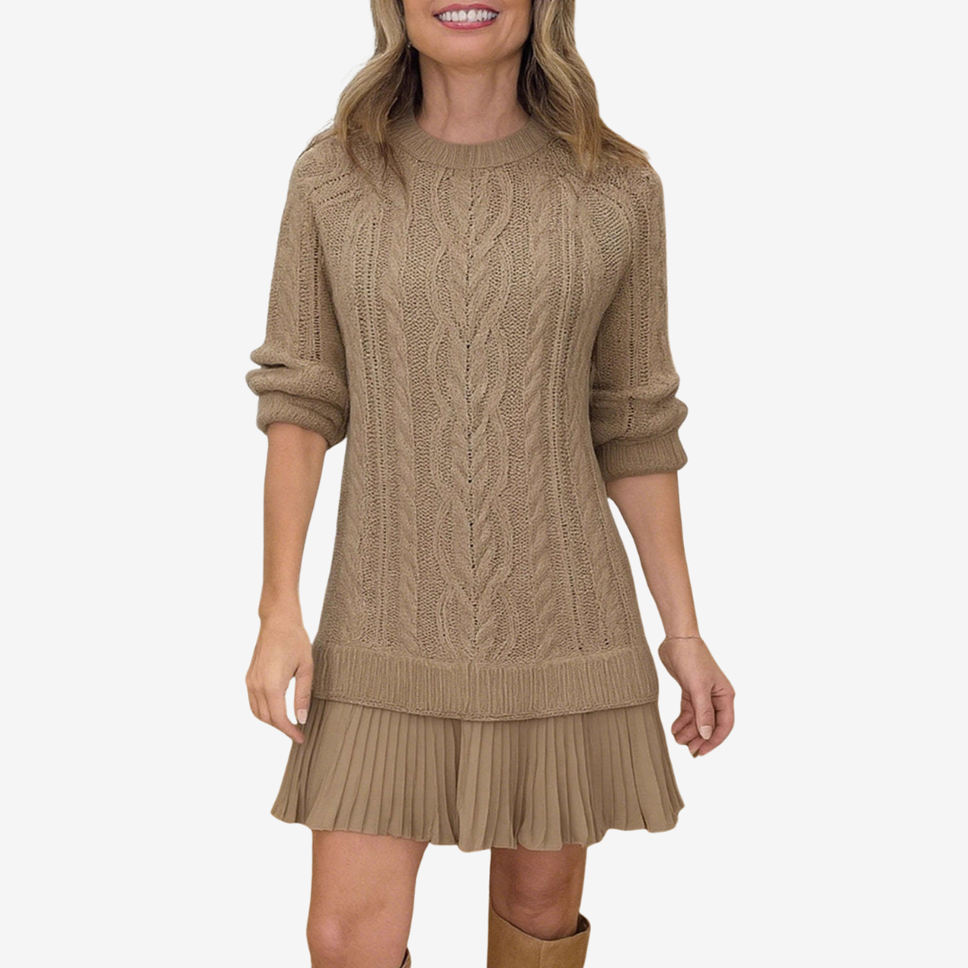 Cable Knit Sweater Dress with Layered Hem
