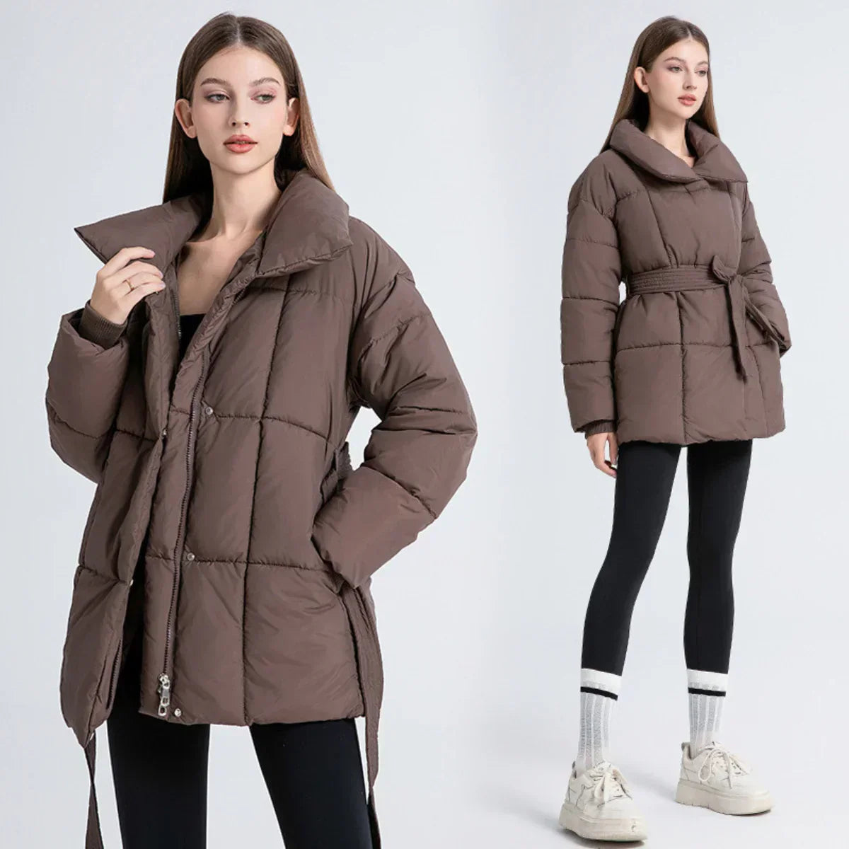 Belted High-Neck Puffer Winter Jacket