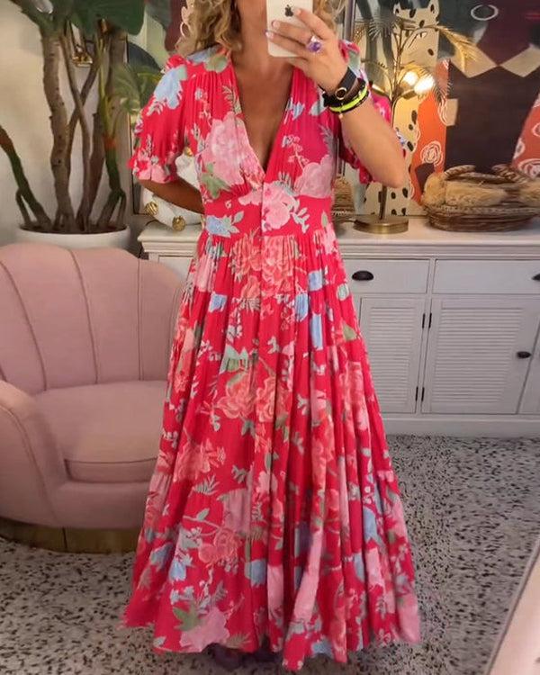 Floral V-Neck Short-Sleeve Boho Maxi Dress for Women