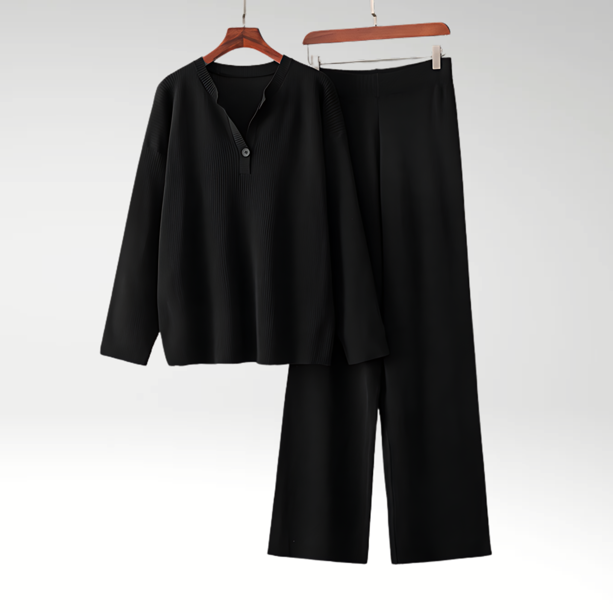 Textured Button Neck Lounge Set with Wide Leg Pants