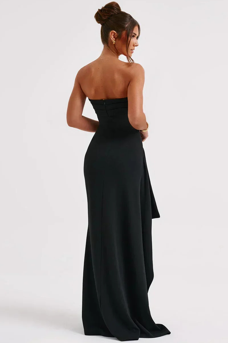 Strapless Ruched Evening Maxi Dress with High Slit