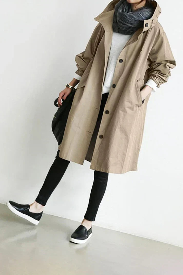 Women’s Long Hooded Button Coat – Lightweight Casual Oversized Jacket