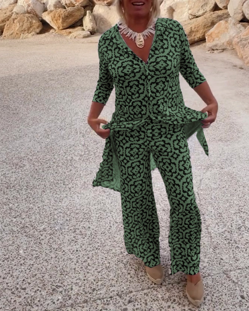 Printed Two-Piece Long Tunic Top and Wide-Leg Pants Set