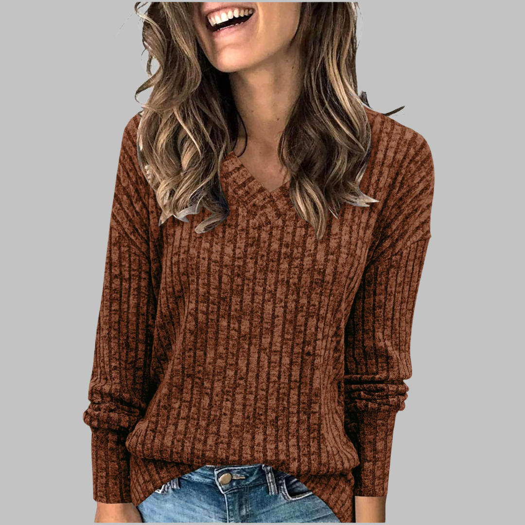 Ribbed V-Neck Long Sleeve Knit Top