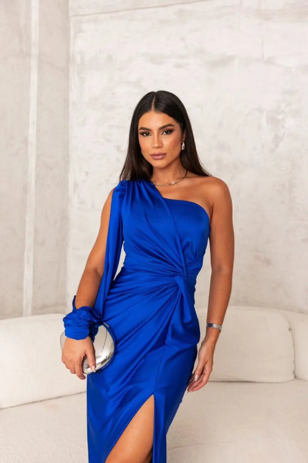 One Shoulder Satin Draped Maxi Evening Dress
