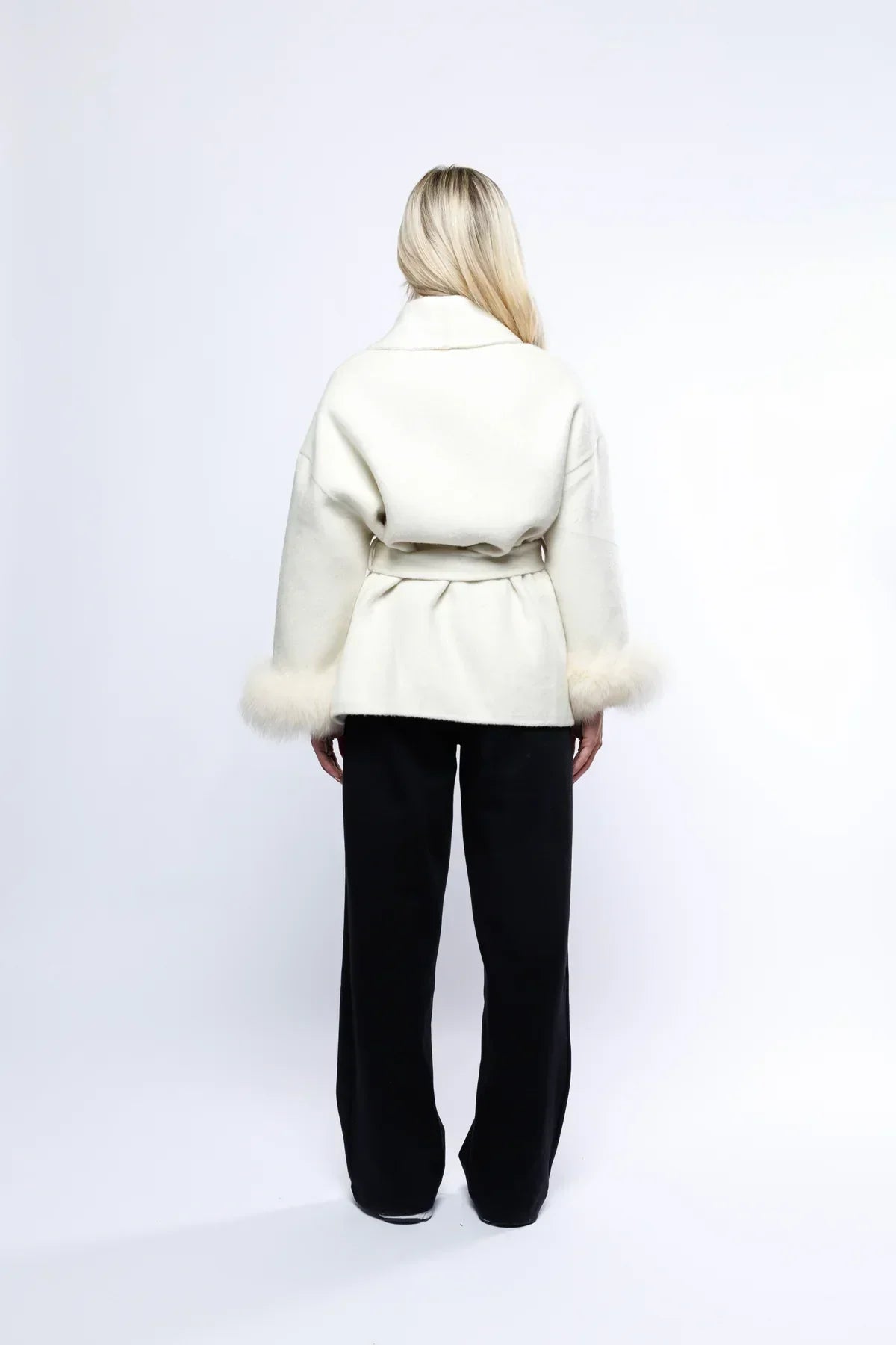 Faux Fur Cuff Belted Wool-Blend Winter Coat