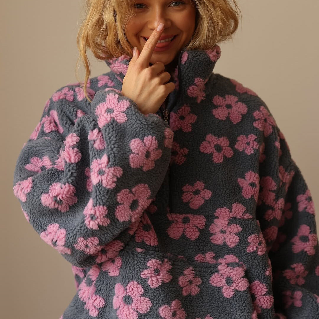Cozy Floral Print Half-Zip Fleece Pullover for Women