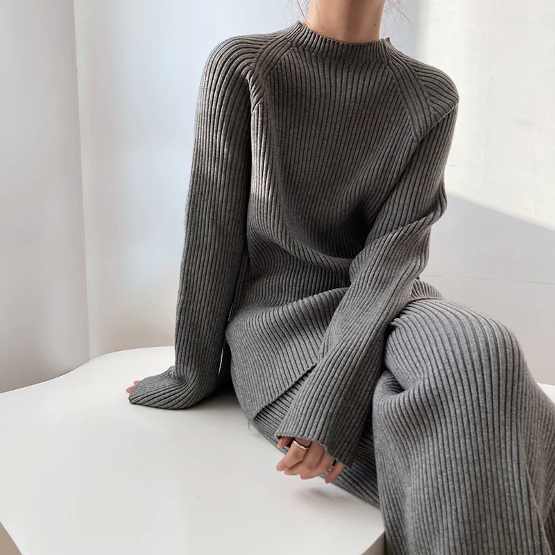 Cozy Ribbed Knit Two-Piece Sweater and Wide-Leg Pants Set