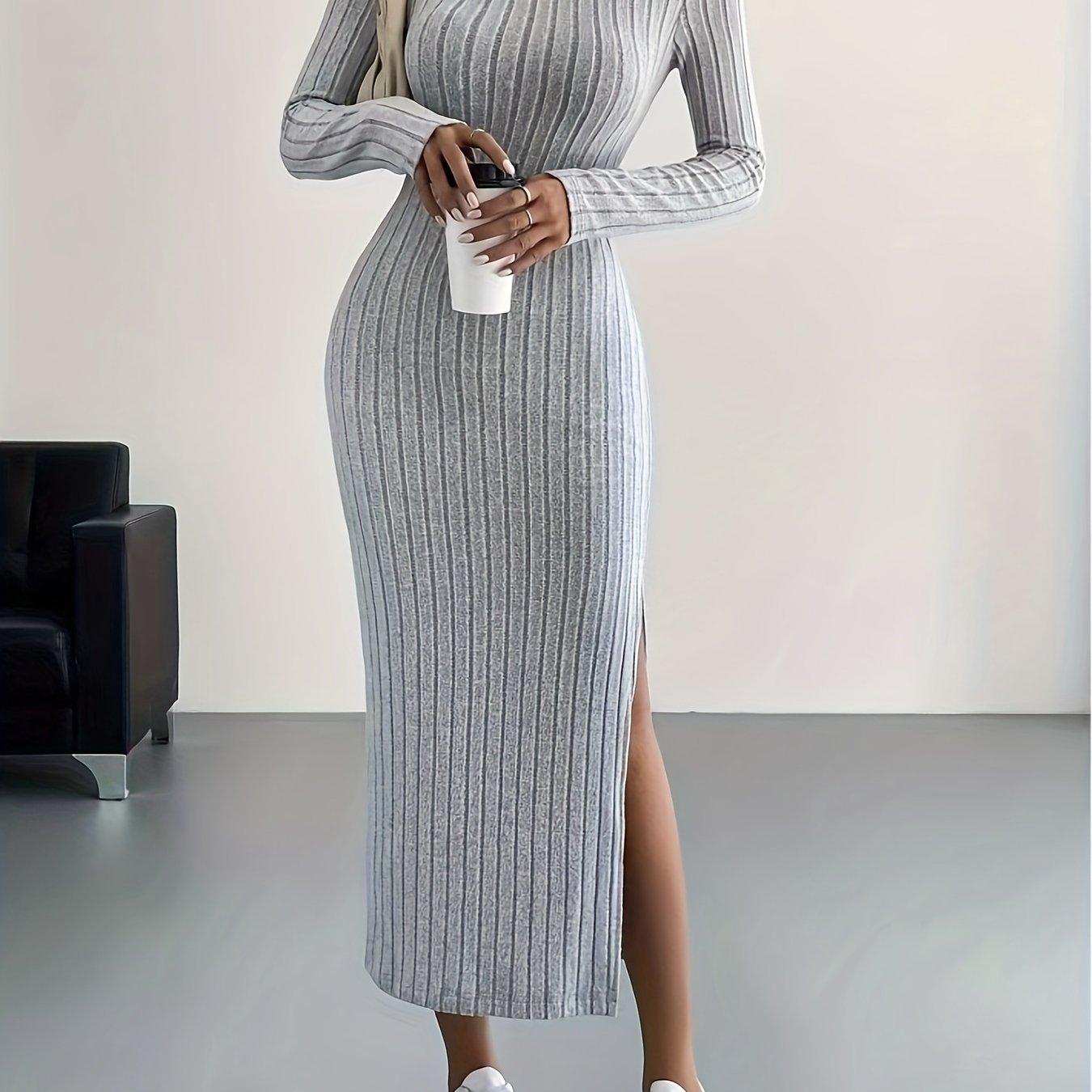 Long Sleeve Ribbed Knit Maxi Dress for Effortless Comfort