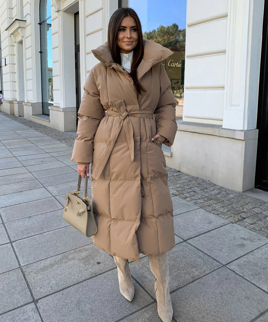 Women’s Long Belted Puffer Coat – Ultra-Warm Hooded Winter Jacket