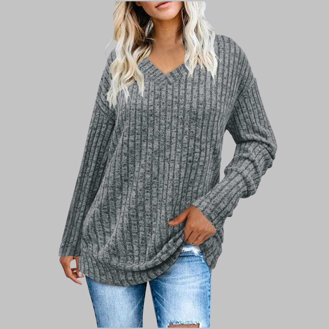 Ribbed V-Neck Long Sleeve Knit Top