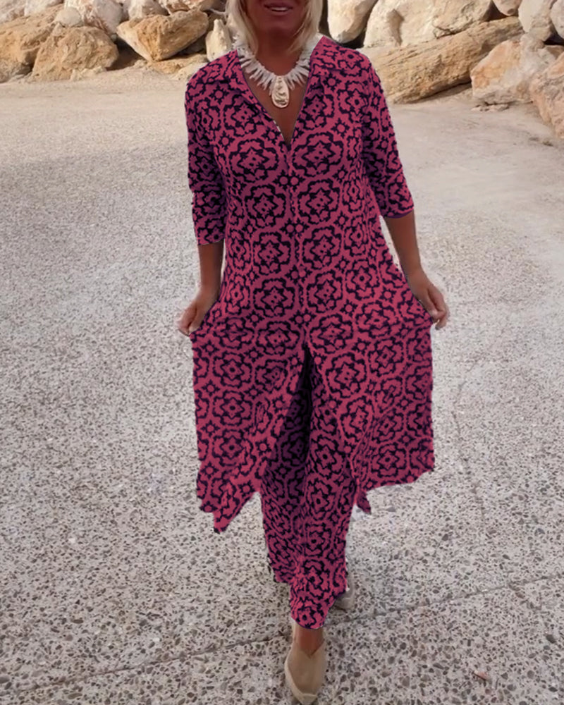 Printed Two-Piece Long Tunic Top and Wide-Leg Pants Set