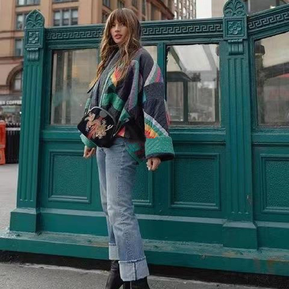 Quilted Open Front Geometric Jacket with Contrast Trim