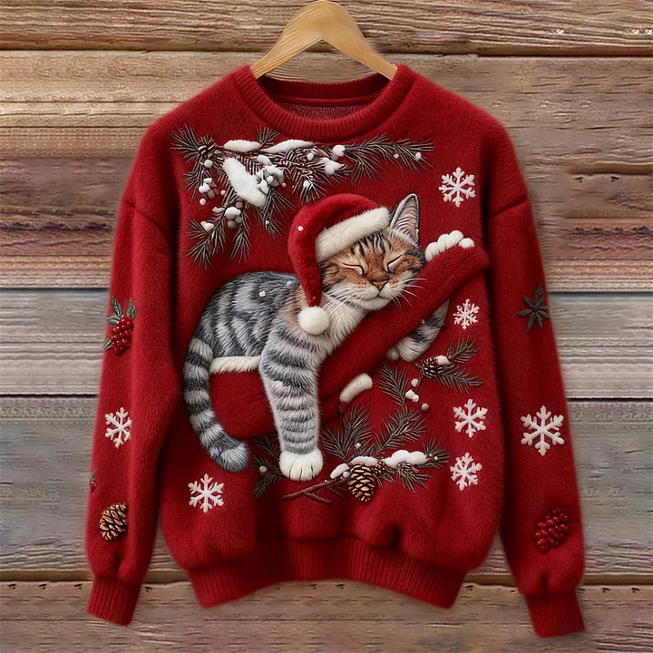 Festive Christmas Cat Knit Sweater with Santa Hat