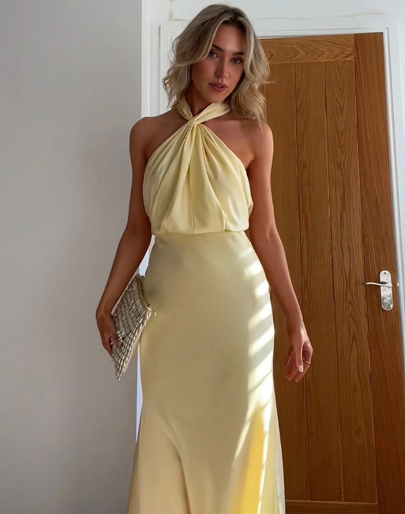 Elegant Satin Halter Maxi Dress for Evening and Special Events