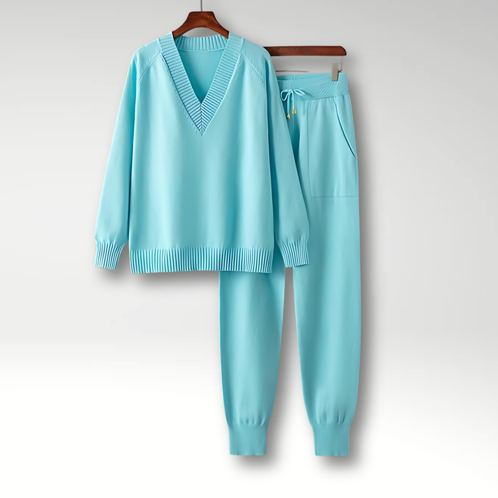 V Neck Knit Lounge Set with Relaxed Fit Pants